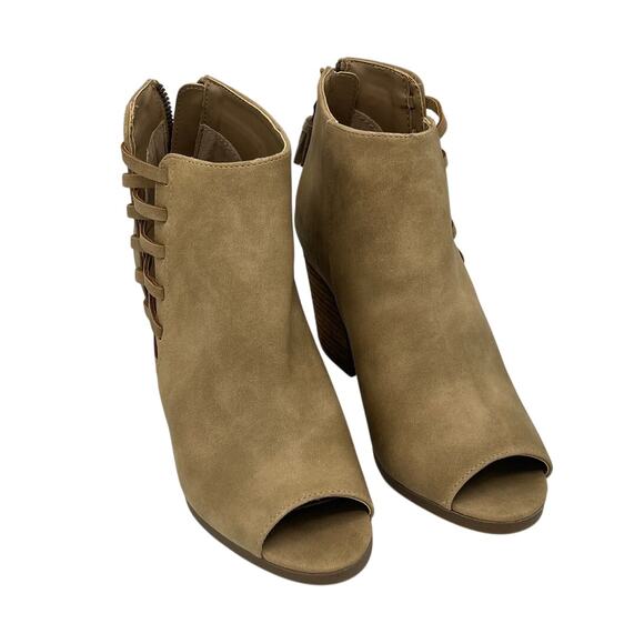 Francesca Faux Suede Dannah Open Toe 3 inch Heeled Bootie in Taupe Size 8M - Picture 1 of 9